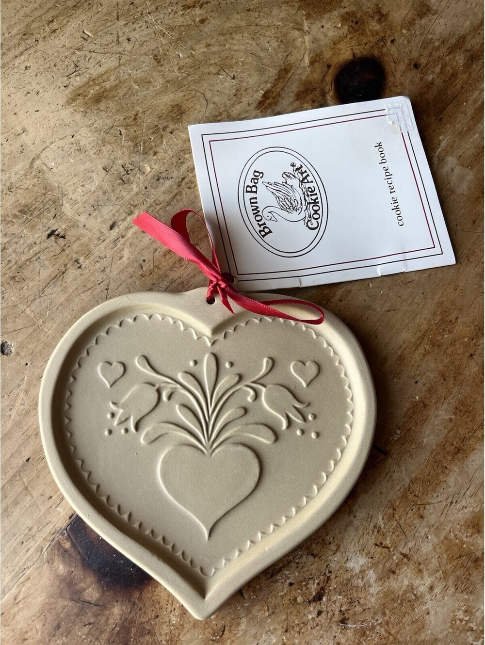 Clay Cookie Stamp Mold Brown Bag Shortbread Heart Tulip 80s Vtg Cottage Kitchen